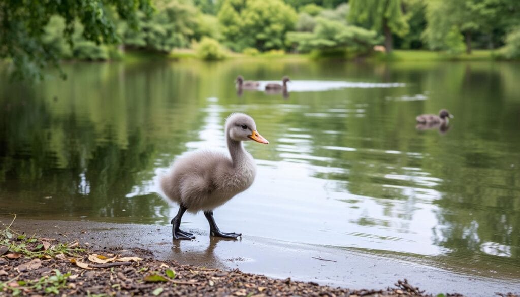 Grey duckling in wildlife sanctuary