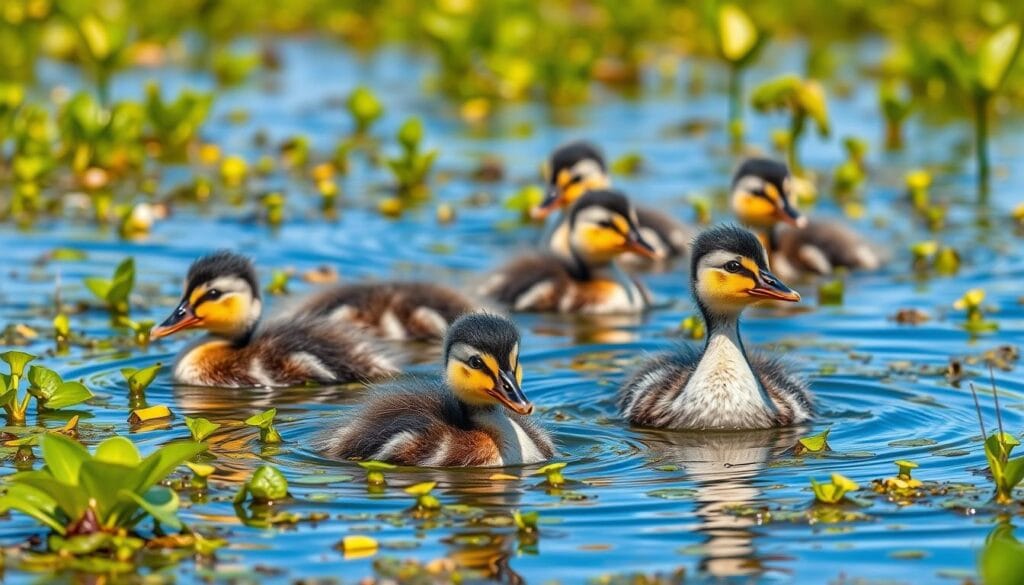 Harlequin ducklings in wetland habitat
